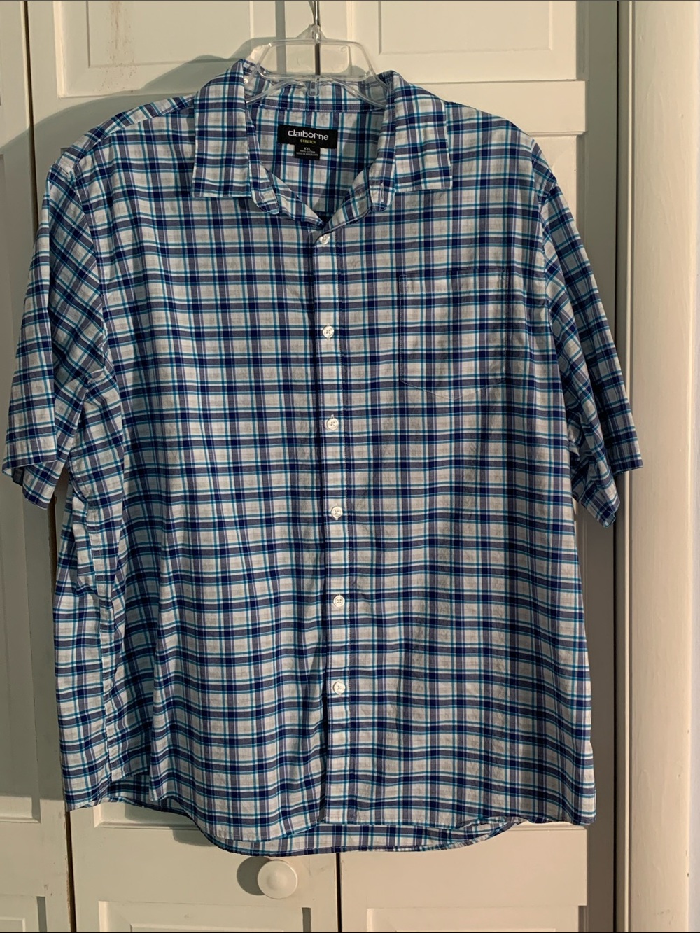 Claiborne Blue & White Plaid Short-Sleeve Button-Down Shirt EUC